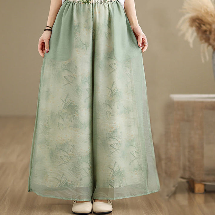 Buddha Stones Spring Vintage Printing Pflanzenmuster Doppellagiges Design Damenhose aus Baumwolle mit weitem Bein und Taschen