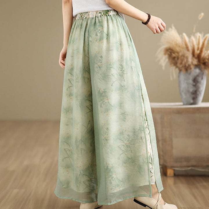 Buddha Stones Spring Vintage Printing Pflanzenmuster Doppellagiges Design Damenhose aus Baumwolle mit weitem Bein und Taschen