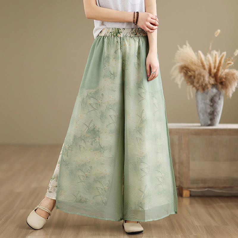 Buddha Stones Spring Vintage Printing Pflanzenmuster Doppellagiges Design Damenhose aus Baumwolle mit weitem Bein und Taschen