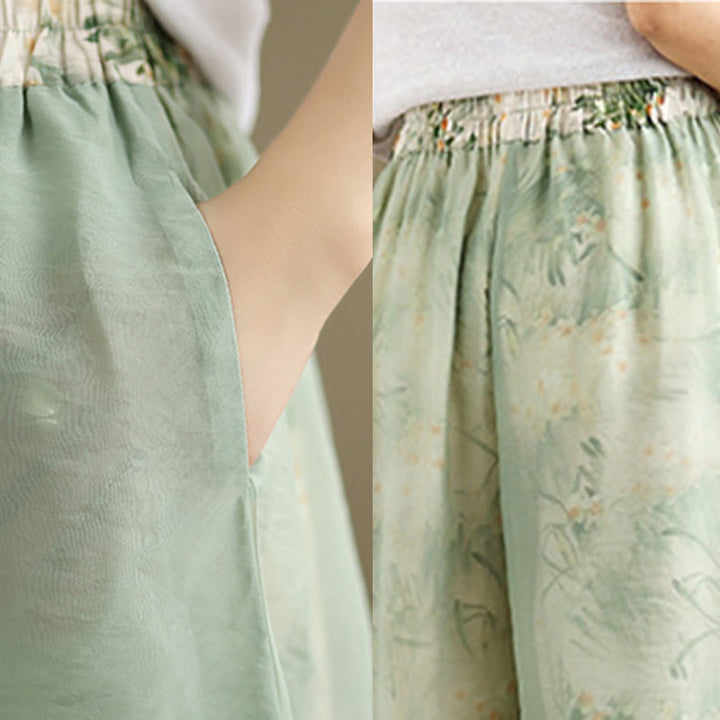 Buddha Stones Spring Vintage Printing Pflanzenmuster Doppellagiges Design Damenhose aus Baumwolle mit weitem Bein und Taschen