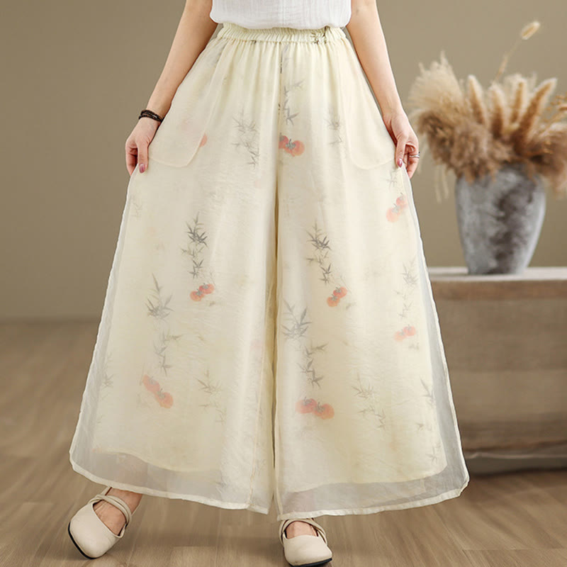 Buddha Stones Spring Vintage Printing Pflanzenmuster Doppellagiges Design Damenhose aus Baumwolle mit weitem Bein und Taschen