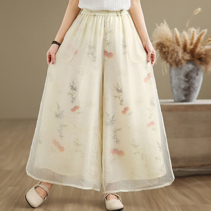 Buddha Stones Spring Vintage Printing Pflanzenmuster Doppellagiges Design Damenhose aus Baumwolle mit weitem Bein und Taschen