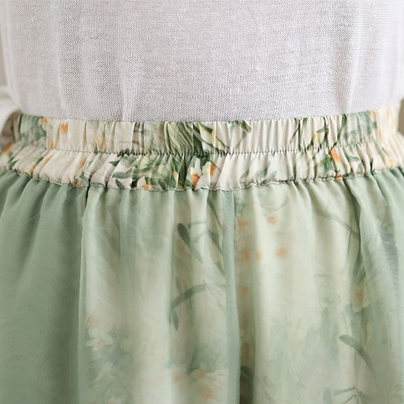 Buddha Stones Spring Vintage Printing Pflanzenmuster Doppellagiges Design Damenhose aus Baumwolle mit weitem Bein und Taschen