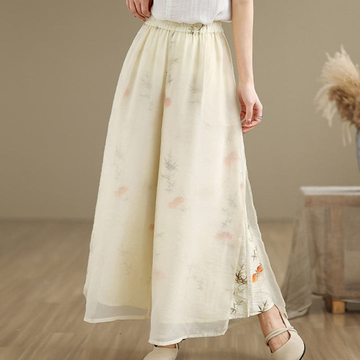 Buddha Stones Spring Vintage Printing Pflanzenmuster Doppellagiges Design Damenhose aus Baumwolle mit weitem Bein und Taschen