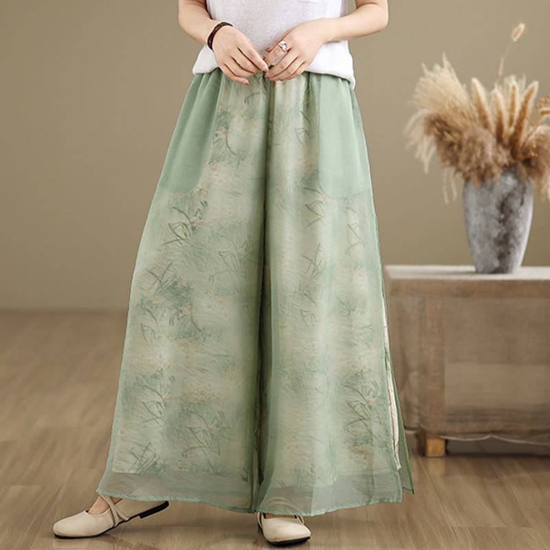Buddha Stones Spring Vintage Printing Pflanzenmuster Doppellagiges Design Damenhose aus Baumwolle mit weitem Bein und Taschen