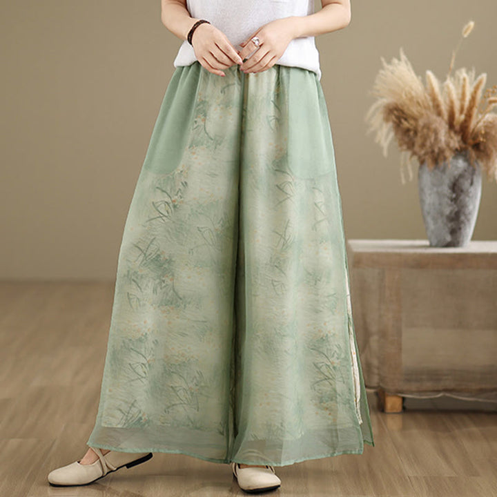 Buddha Stones Spring Vintage Printing Pflanzenmuster Doppellagiges Design Damenhose aus Baumwolle mit weitem Bein und Taschen