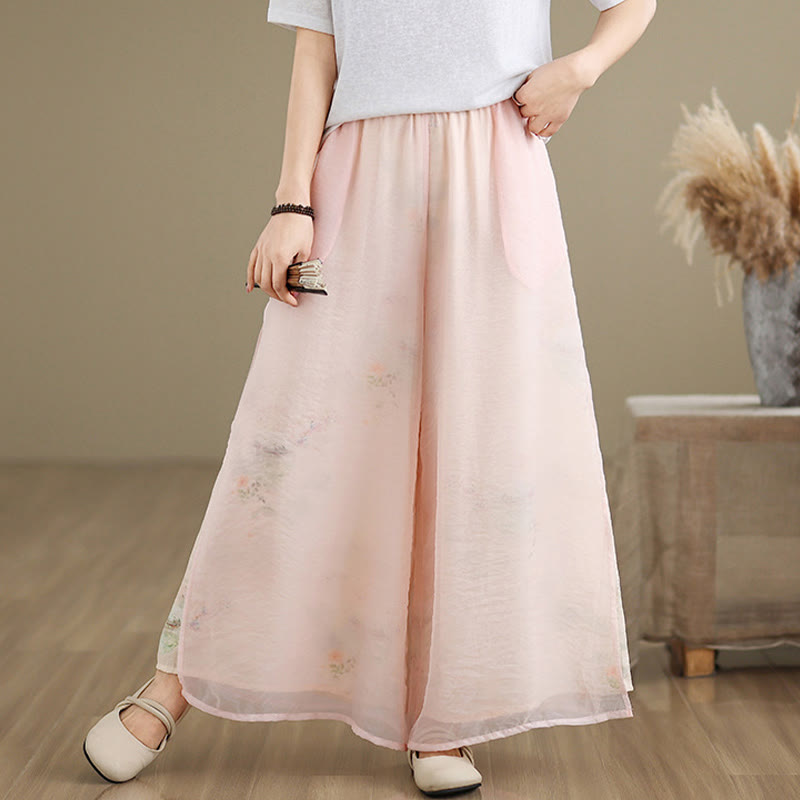 Buddha Stones Spring Vintage Printing Pflanzenmuster Doppellagiges Design Damenhose aus Baumwolle mit weitem Bein und Taschen