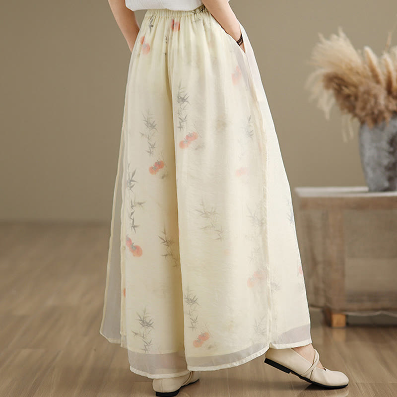 Buddha Stones Spring Vintage Printing Pflanzenmuster Doppellagiges Design Damenhose aus Baumwolle mit weitem Bein und Taschen