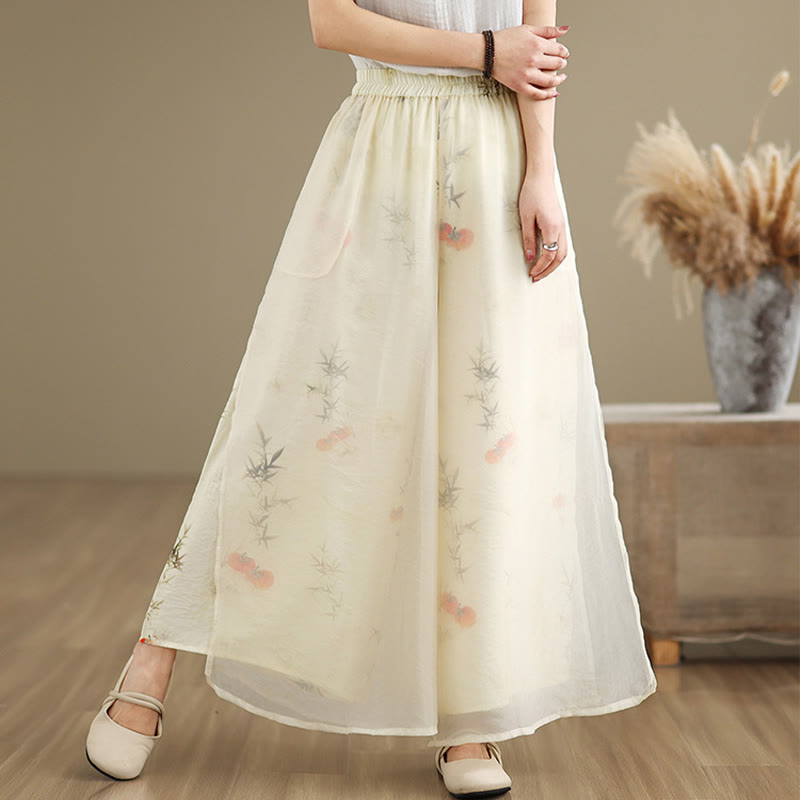 Buddha Stones Spring Vintage Printing Pflanzenmuster Doppellagiges Design Damenhose aus Baumwolle mit weitem Bein und Taschen