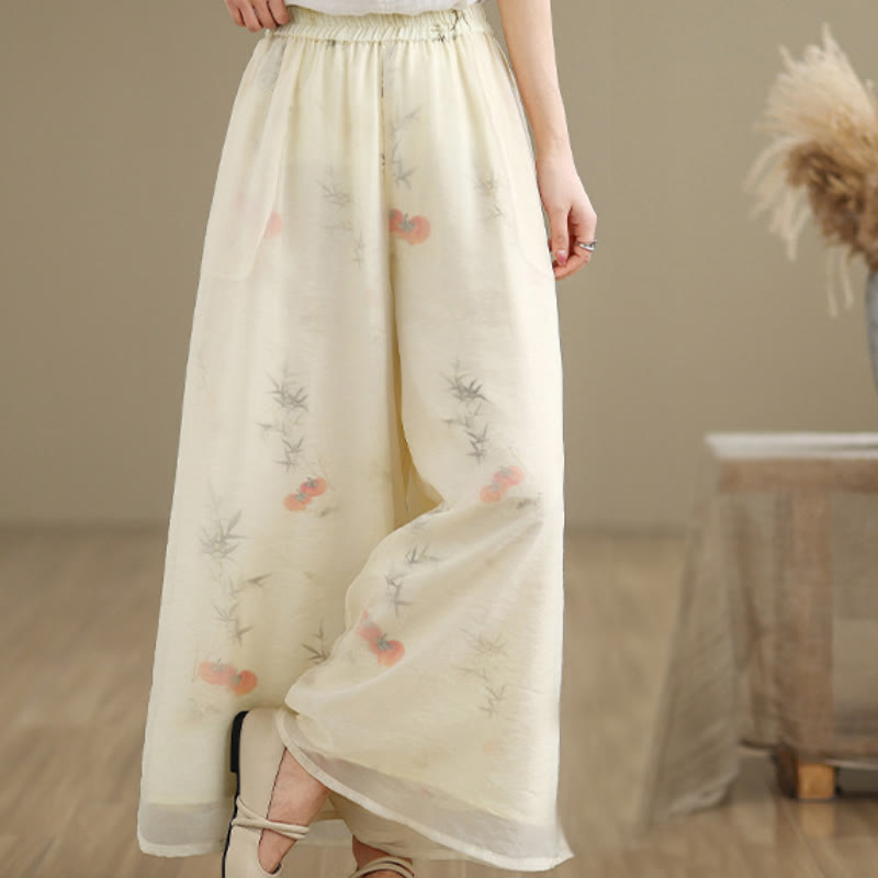 Buddha Stones Spring Vintage Printing Pflanzenmuster Doppellagiges Design Damenhose aus Baumwolle mit weitem Bein und Taschen