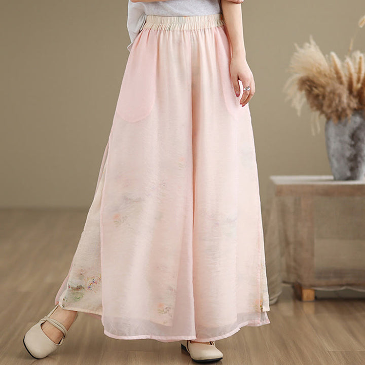 Buddha Stones Spring Vintage Printing Pflanzenmuster Doppellagiges Design Damenhose aus Baumwolle mit weitem Bein und Taschen