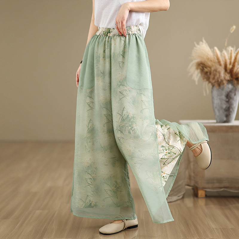 Buddha Stones Spring Vintage Printing Pflanzenmuster Doppellagiges Design Damenhose aus Baumwolle mit weitem Bein und Taschen