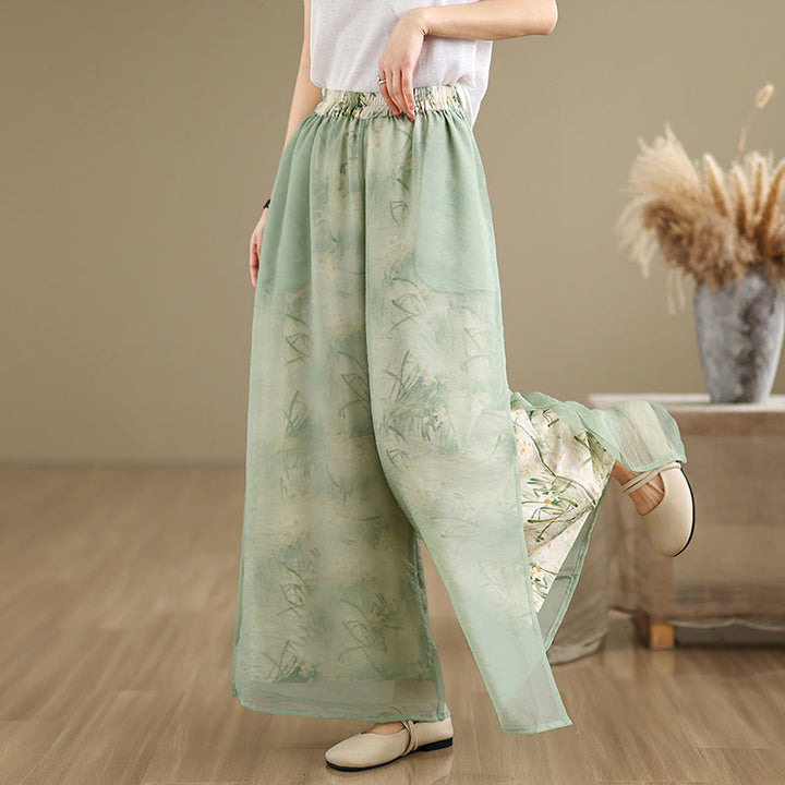 Buddha Stones Spring Vintage Printing Pflanzenmuster Doppellagiges Design Damenhose aus Baumwolle mit weitem Bein und Taschen - image 6