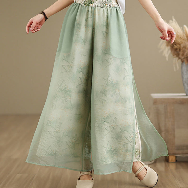 Buddha Stones Spring Vintage Printing Pflanzenmuster Doppellagiges Design Damenhose aus Baumwolle mit weitem Bein und Taschen