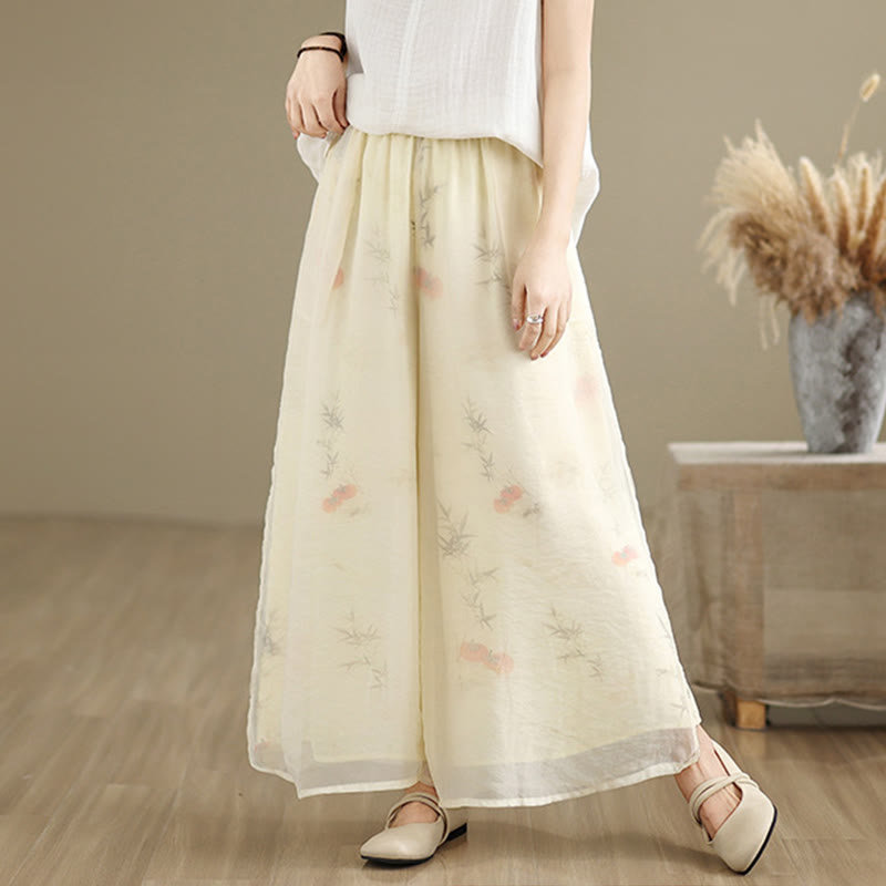 Buddha Stones Spring Vintage Printing Pflanzenmuster Doppellagiges Design Damenhose aus Baumwolle mit weitem Bein und Taschen