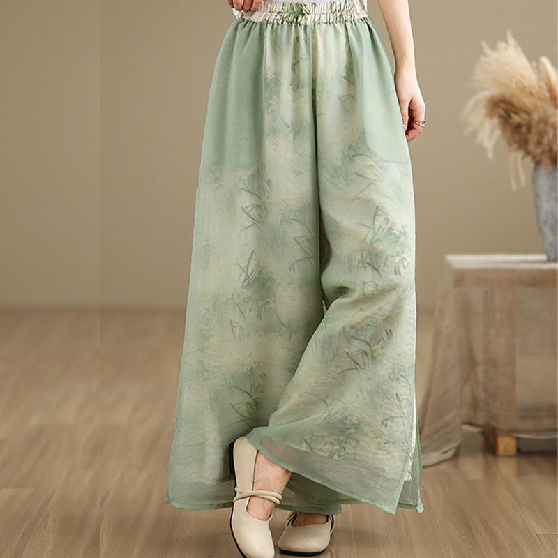 Buddha Stones Spring Vintage Printing Pflanzenmuster Doppellagiges Design Damenhose aus Baumwolle mit weitem Bein und Taschen