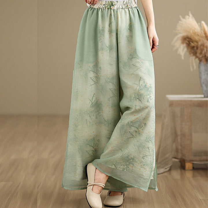 Buddha Stones Spring Vintage Printing Pflanzenmuster Doppellagiges Design Damenhose aus Baumwolle mit weitem Bein und Taschen