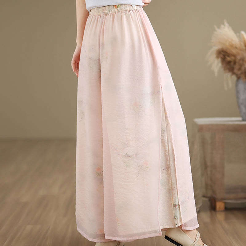 Buddha Stones Spring Vintage Printing Pflanzenmuster Doppellagiges Design Damenhose aus Baumwolle mit weitem Bein und Taschen