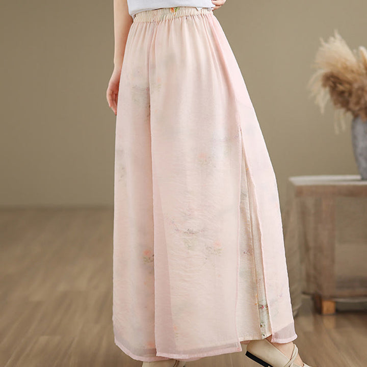 Buddha Stones Spring Vintage Printing Pflanzenmuster Doppellagiges Design Damenhose aus Baumwolle mit weitem Bein und Taschen