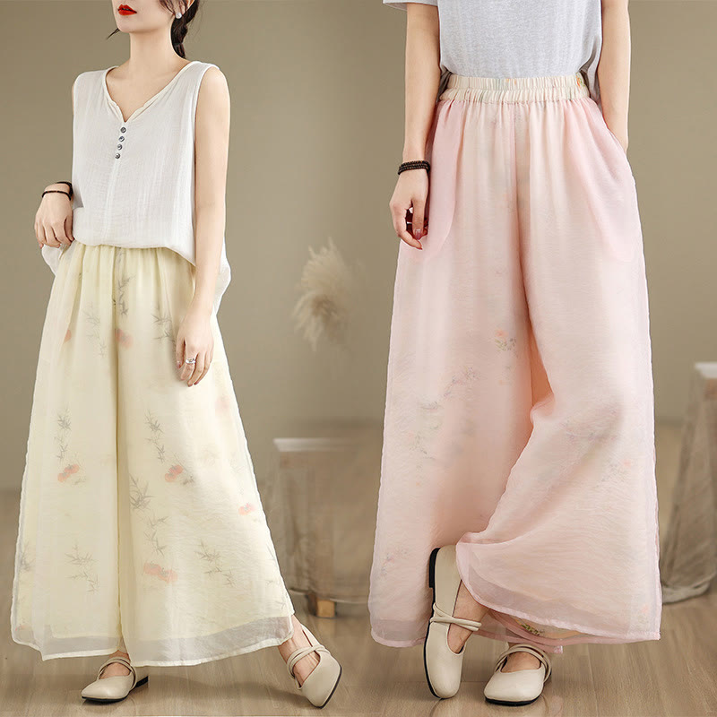 Buddha Stones Spring Vintage Printing Pflanzenmuster Doppellagiges Design Damenhose aus Baumwolle mit weitem Bein und Taschen - image 27