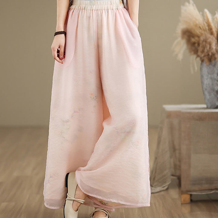 Buddha Stones Spring Vintage Printing Pflanzenmuster Doppellagiges Design Damenhose aus Baumwolle mit weitem Bein und Taschen