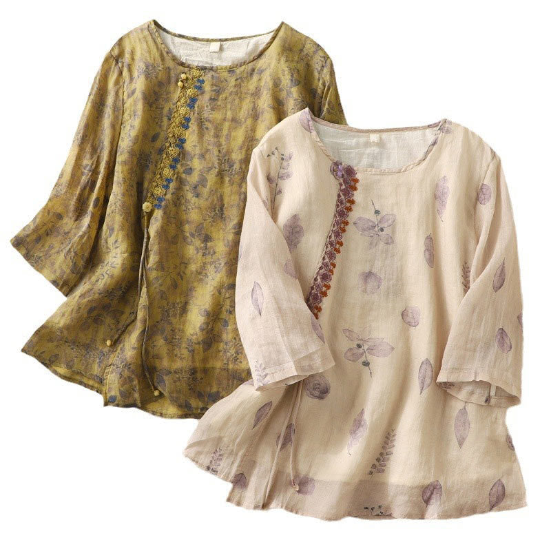Buddha Stones Stickerei Design Blätter Damen Baumwolle Leinen Dreiviertel Ärmel Shirt - image 20