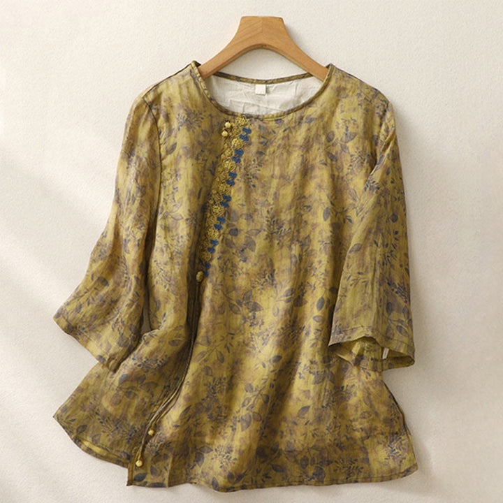 Buddha Stones Stickerei Design Blätter Damen Baumwolle Leinen Dreiviertel Ärmel Shirt - Dunkle Goldrute - US12， UK/AU16，EU44 (2XL) - image 13