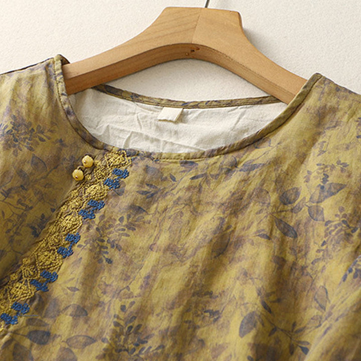Buddha Stones Stickerei Design Blätter Damen Baumwolle Leinen Dreiviertel Ärmel Shirt - image 15