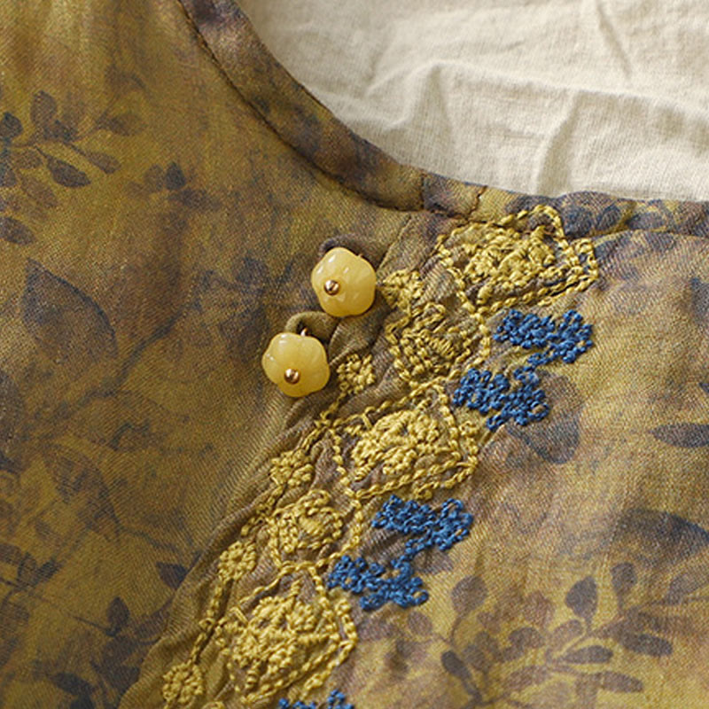 Buddha Stones Stickerei Design Blätter Damen Baumwolle Leinen Dreiviertel Ärmel Shirt - image 14