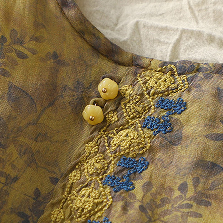 Buddha Stones Stickerei Design Blätter Damen Baumwolle Leinen Dreiviertel Ärmel Shirt - image 14