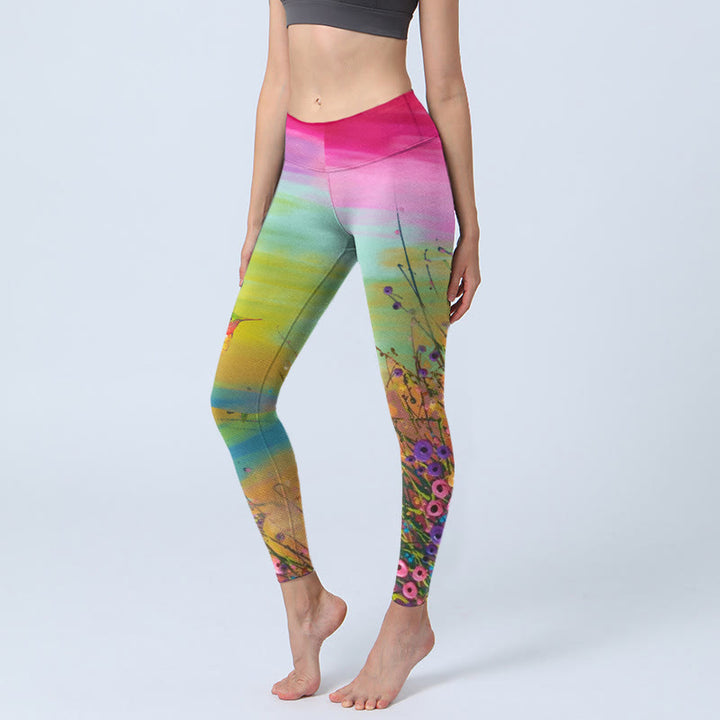 Buddha Stones Blühende Blumen Vogel Muster Druck Gym Leggings Damen Yoga Hose - GelbGrün - US18， UK/AU22，EU50 (4XL) - image 1