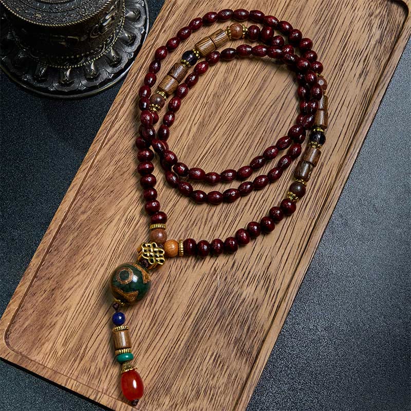 Buddha Stones, tibetische handgefertigte Wenge-Holz-Schutz-Dzi-Perle, Elefantenkopf-Halskettenanhänger - Wenge-Holz & Dreiäugige Dzi-Perle - image 0