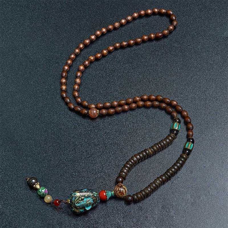 Buddha Stones, tibetische handgefertigte Wenge-Holz-Schutz-Dzi-Perle, Elefantenkopf-Halskettenanhänger