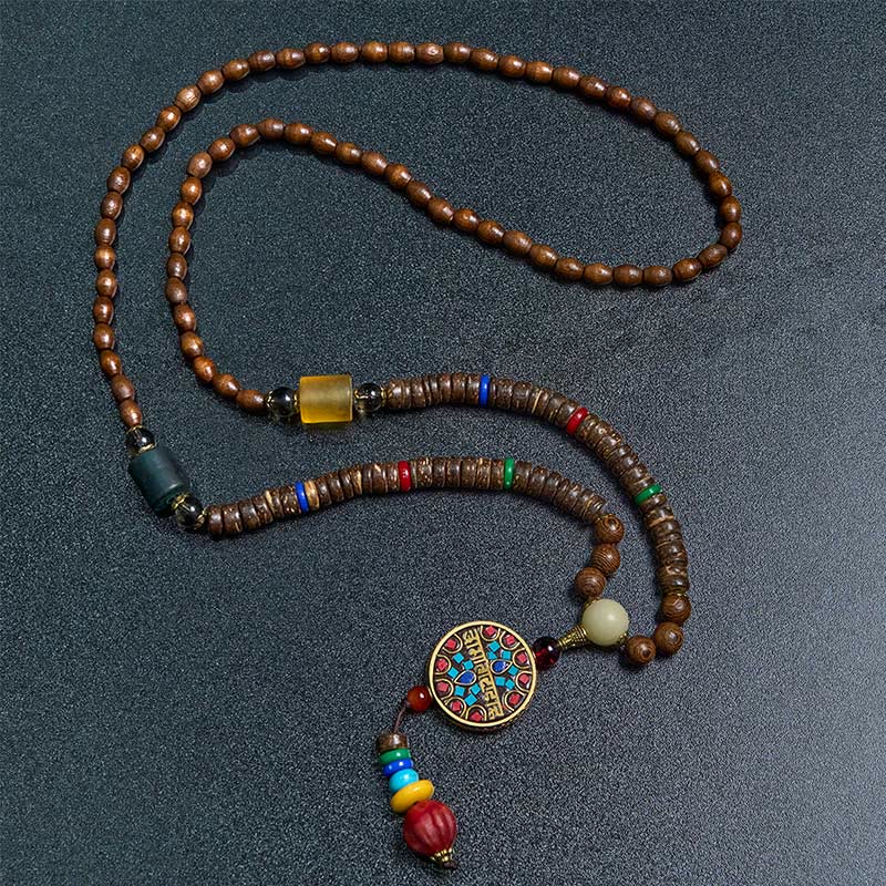 Buddha Stones, tibetische handgefertigte Kokosnussschale, Schima-Holz, tolle helle Mantra-Kupferperlen, Balance-Halskettenanhänger