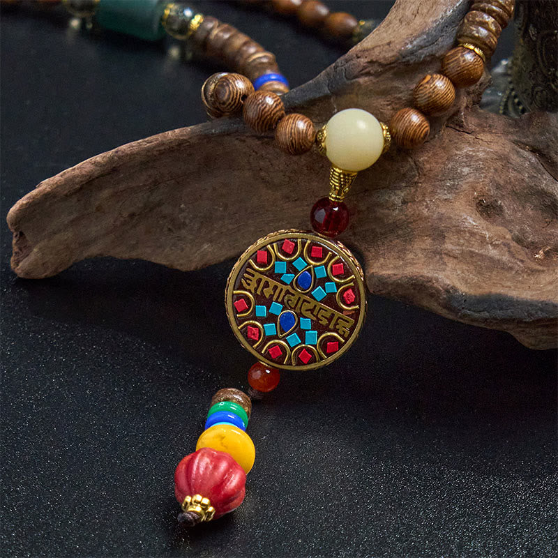 Buddha Stones, tibetische handgefertigte Kokosnussschale, Schima-Holz, tolle helle Mantra-Kupferperlen, Balance-Halskettenanhänger