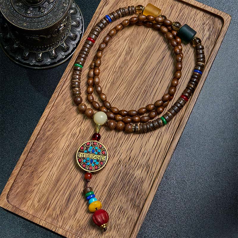 Buddha Stones, tibetische handgefertigte Kokosnussschale, Schima-Holz, tolle helle Mantra-Kupferperlen, Balance-Halskettenanhänger - Schima-Holz & Großes Helles Mantra - image 0