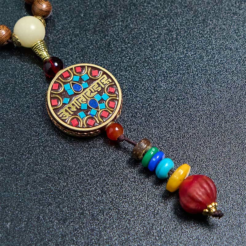 Buddha Stones, tibetische handgefertigte Kokosnussschale, Schima-Holz, tolle helle Mantra-Kupferperlen, Balance-Halskettenanhänger