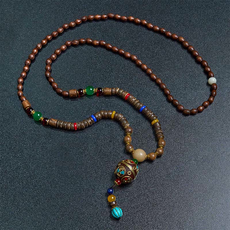 Buddha Stones, tibetische handgefertigte Kokosnussschale, Schima-Holz, tolle helle Mantra-Kupferperlen, Balance-Halskettenanhänger