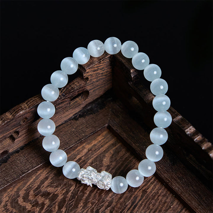 Buddha Stones Natürliche Katzenauge Perlen 990 Sterling Silber Pixiu Positive Armband