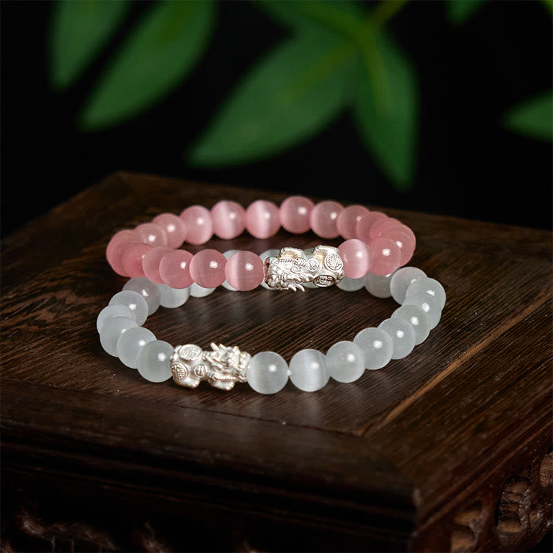 Buddha Stones Natürliche Katzenauge Perlen 990 Sterling Silber Pixiu Positive Armband