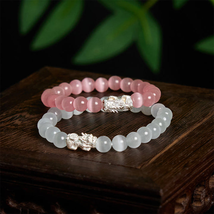 Buddha Stones Natürliche Katzenauge Perlen 990 Sterling Silber Pixiu Positive Armband