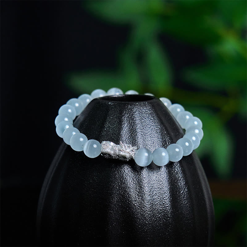 Buddha Stones Natürliche Katzenauge Perlen 990 Sterling Silber Pixiu Positive Armband