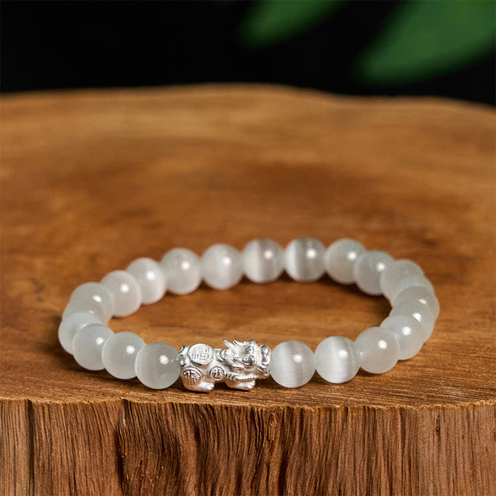Buddha Stones Natürliche Katzenauge Perlen 990 Sterling Silber Pixiu Positive Armband