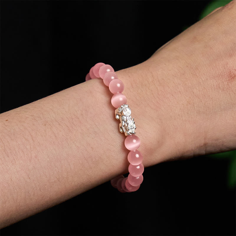 Buddha Stones Natürliche Katzenauge Perlen 990 Sterling Silber Pixiu Positive Armband