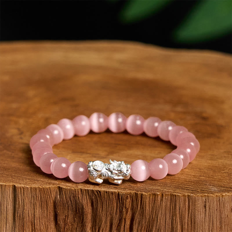 Buddha Stones Natürliche Katzenauge Perlen 990 Sterling Silber Pixiu Positive Armband