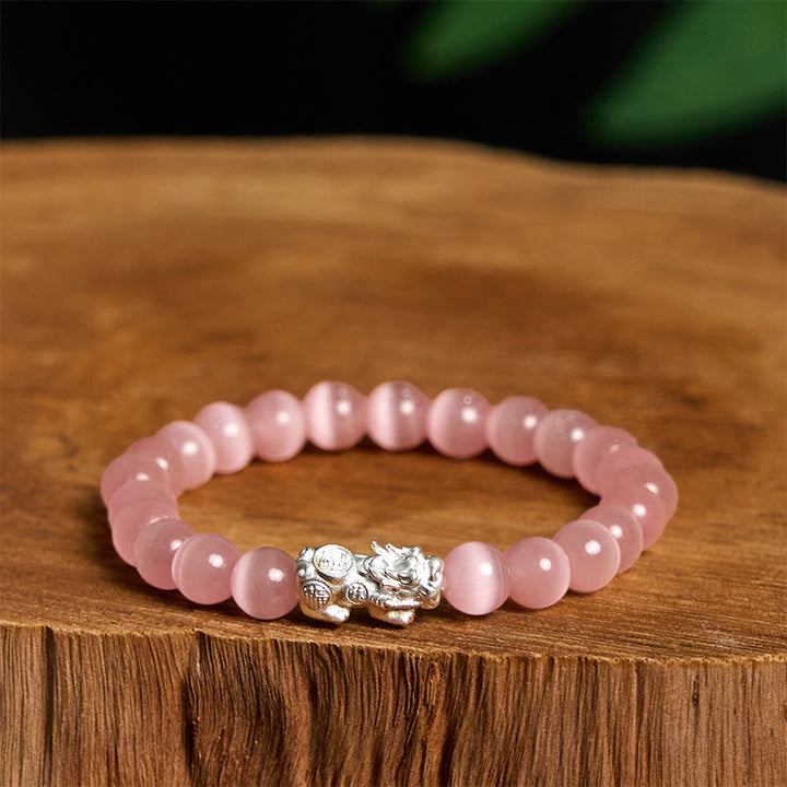 Buddha Stones Natürliche Katzenauge Perlen 990 Sterling Silber Pixiu Positive Armband