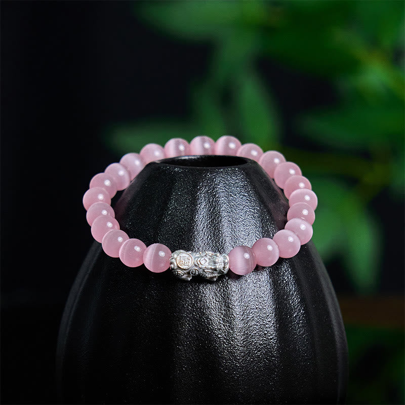 Buddha Stones Natürliche Katzenauge Perlen 990 Sterling Silber Pixiu Positive Armband