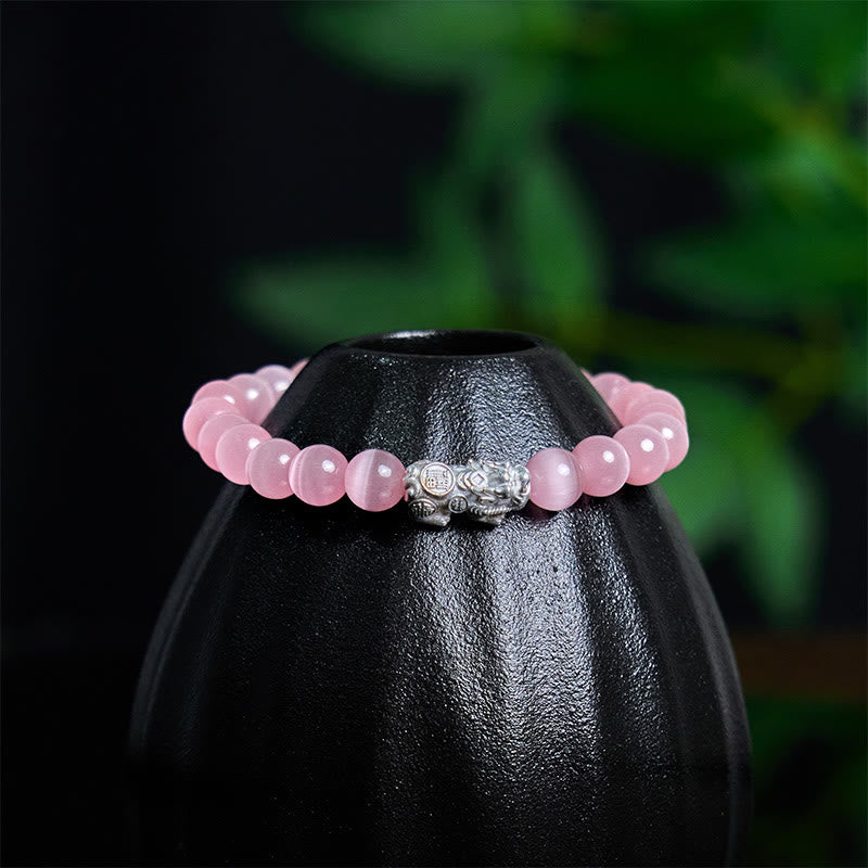Buddha Stones Natürliche Katzenauge Perlen 990 Sterling Silber Pixiu Positive Armband