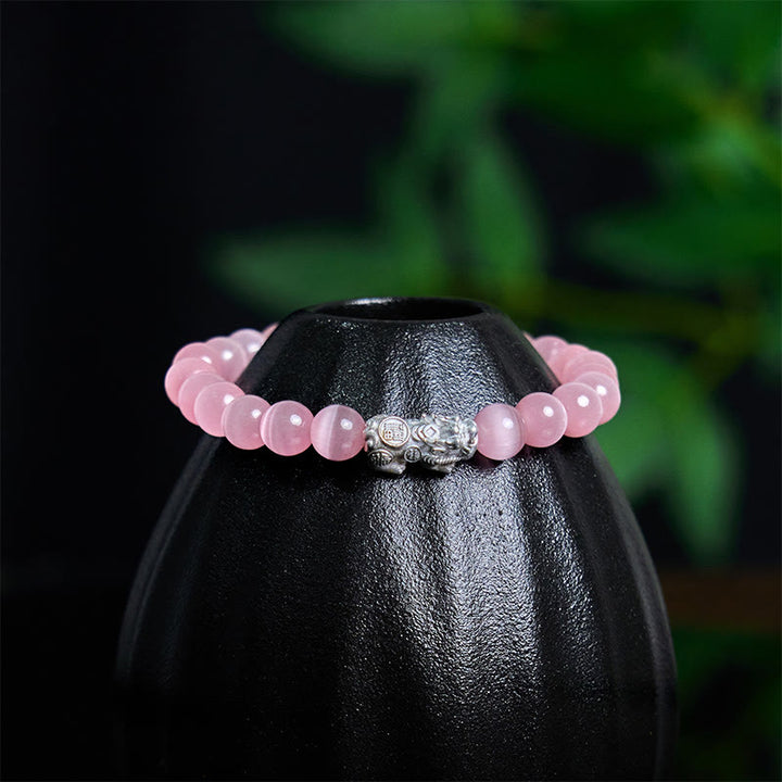 Buddha Stones Natürliche Katzenauge Perlen 990 Sterling Silber Pixiu Positive Armband