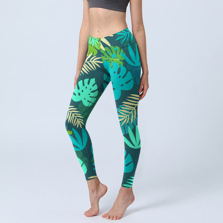 Buddha Stones, verschiedene Formen von Blättern, Musterdruck, Gym-Leggings, Damen-Yogahose - Dunkelgrün - US18, UK/AU22, EU50 (4XL) - image 0